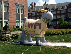 Gompei the goat in his WPI sweater as a giant inflatabe